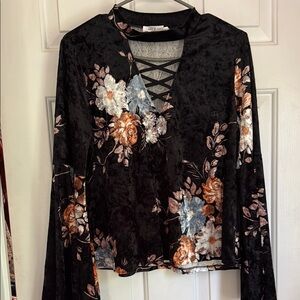Velvet Floral Lace-Up V-Neck Long Sleeve Top - Black